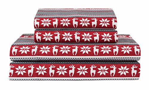 Product Cover Elite Home Products Deep-Pocketed Winter Nights 100% Cotton Flannel Sheet Set, Queen, Deer/Red