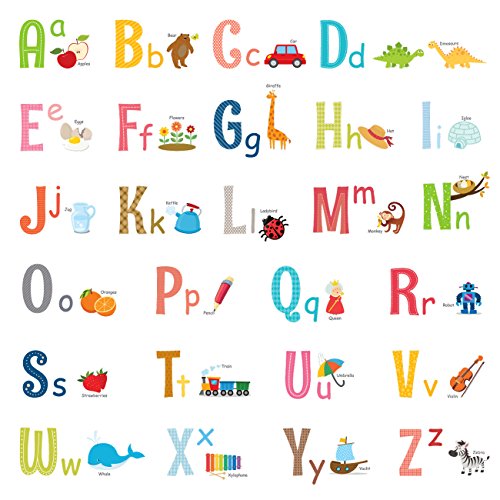 Product Cover DECOWALL DW-1701S Uppercase Alphabet ABC with Pictures Kids Wall Decals Wall Stickers Peel and Stick Removable Wall Stickers for Kids Nursery Bedroom Living Room (Medium)