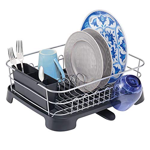 Product Cover mDesign Large Kitchen Countertop, Sink Dish Drying Rack with Removable Cutlery Tray and Drainboard with Adjustable Swivel Spout - 3 Pieces, Silver Wire/Black Plastic Cutlery Caddy and Drainboard