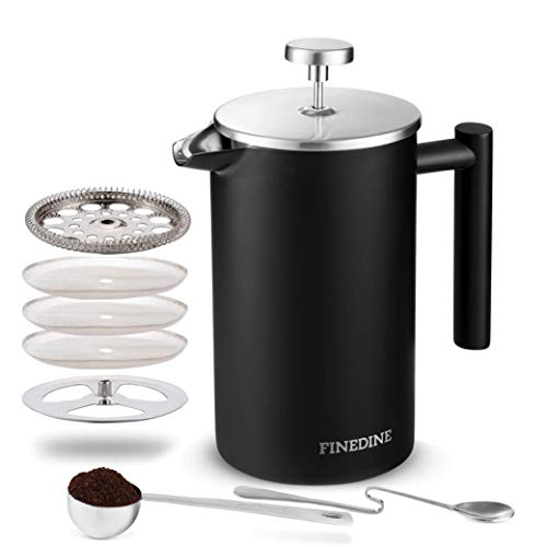 Product Cover Finedine French Press Coffee Maker - (34-Oz) 18/8 Stainless Steel Double Wall Insulated Retains Heat Longer - Triple-Screen Grounds Filter System, Sleek Matte Black, Extra Filter & Components Included
