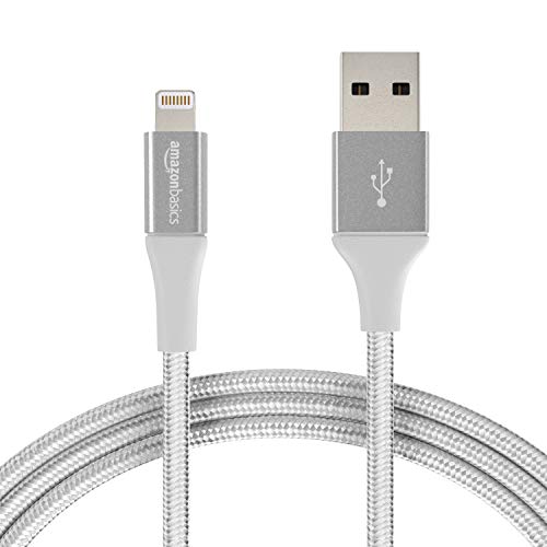 Product Cover AmazonBasics Double Braided Nylon Lightning to USB Cable, Advanced Collection, MFi Certified iPhone Charger, Silver, 6 Foot