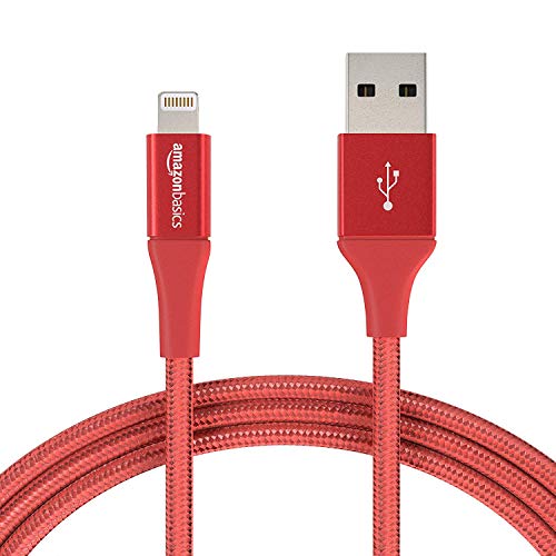 Product Cover AmazonBasics Double Braided Nylon Lightning to USB Cable, Advanced Collection, MFi Certified iPhone Charger, Red, 6 Foot