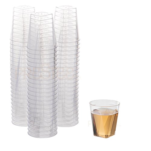 Product Cover 100 Clear Plastic Shot Glasses 2 OZ - Disposable Shot Glasses Bulk - Wine Tasting Cups - Small Plastic Tumbler - Square Shooter, Whiskey Mini Shot Cups - small plastic cups bulk