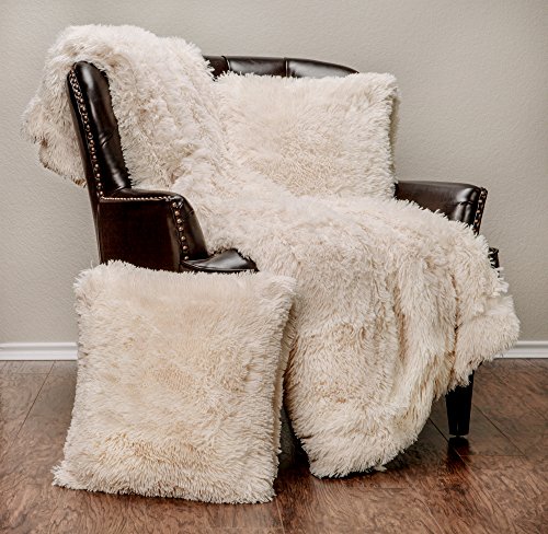 Product Cover Chanasya 3-Piece Shaggy Throw Blanket Pillow Cover Set - Chic Fuzzy Faux Fur Sherpa Throw (50x65 Inches) 2 Throw Pillow Covers (18x18 Inches) for Bed Couch - Cream