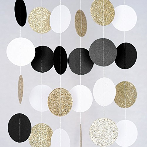 Product Cover MerryNine Paper Garland, 5 Pack 50ft Glitter Paper Garland Circle Dots Hanging Decor, Paper Banner for Baby Shower, Birthday, Nursery Party Decor(Circle Polka Dots-Black White Gold-50 Feet)