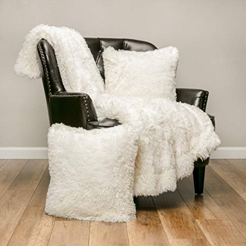 Product Cover Chanasya 3-Piece Shaggy Throw Blanket Pillow Cover Set - Chic Fuzzy Faux Fur Sherpa Throw (50x65 Inches) 2 Throw Pillow Covers (18x18 Inches) for Bed Couch - Ivory White