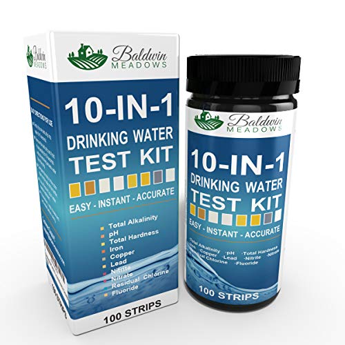 Product Cover 10-in-1 Drinking Water Test Kit by Baldwin Meadows - Water Quality Test for Well Water & Tap Water - IMPROVED SENSITIVITY detects low level ranges for Lead, Fluoride, Iron & Copper + MORE! 100 Count