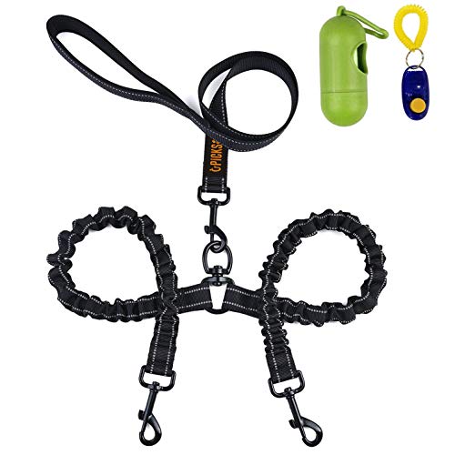 Product Cover Dual Dog Leash, Double Dog Leash,360° Swivel No Tangle Double Dog Walking & Training Leash, Comfortable Shock Absorbing Reflective Bungee for Two Dogs with waste bag dispenser and dog training clicker