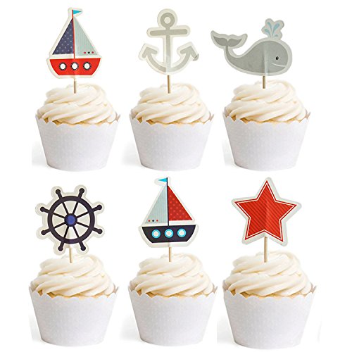 Product Cover Nautical Cupcake Toppers Whale Cake Decorations for Baby Shower Wedding Birthday Party 24 Counts by GOCROWN