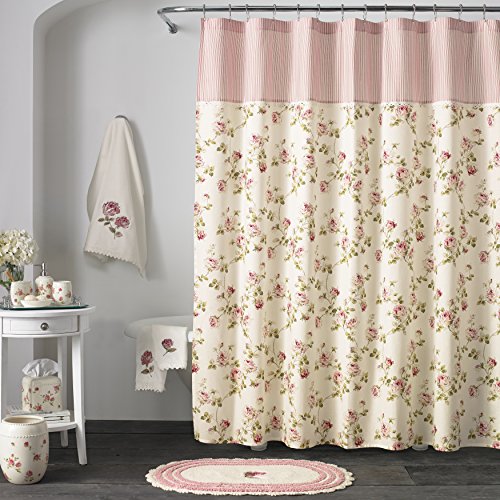 Product Cover Five Queens Court Rosalind 100% Cotton, Embellished, Crochet Trim, Country Chic Floral Shower Curtain, Pink Rose