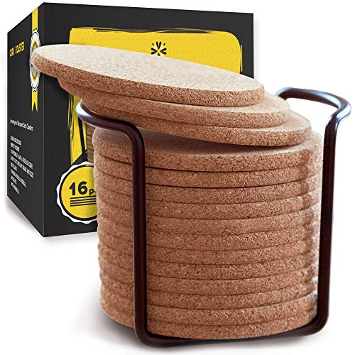 Product Cover Natural Cork Coasters With Round Edge 4 inches 16pc Set with Metal Holder Storage Caddy - 1/5
