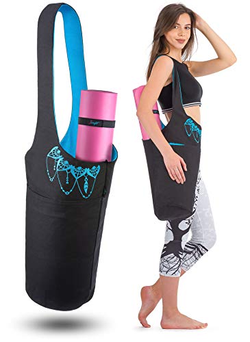 Product Cover Zenifit Yoga Mat Bag - Long Tote with Pockets - Holds More Yoga Accessories. Cute Yoga Mat Holder with Bonus Yoga Mat Strap Elastics. Black and Azure Blue Yoga Mat Bags and Carriers for Women