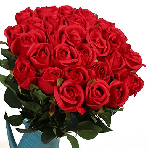Product Cover Veryhome Artificial Flowers Silk Roses Fake Bridal Wedding Bouquet for Home Garden Party Floral Decor 10 Pcs (Red Straight stem)