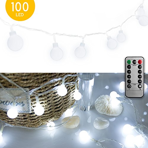 Product Cover 33 FT 100 LED Globe Ball String Lights, Fairy String Lights Plug in with Remote, Decor for Indoor Outdoor Party Wedding Christmas Tree Garden (White)