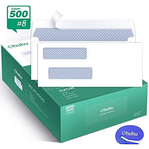 Product Cover Ohuhu 500 Pack # 8 Double Window Envelope SELF SEAL Adhesive Tinted Security Envelopes Quickbooks Check, Business Check, Documents Secure Mailing, 3 5/8 x 8 11/16 Inches, A Letter Opener Included