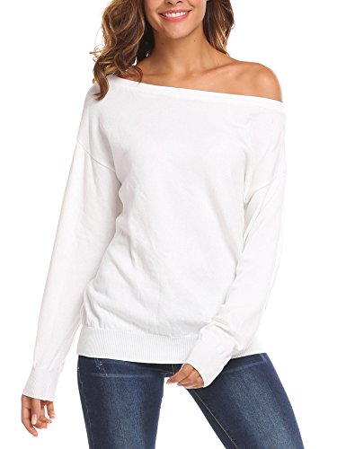 Product Cover SoTeer Women Sexy Off Shoulder Boat Neck Sweater Knitwear Long Tops Pullover White L