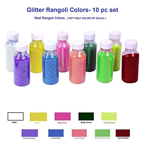 Product Cover More Quantity-Easy to Store Glitter Rangoli Colors. Real Rangoli Colours kit (NO GULAL).Festival/Festive Vibrant Colours for Diwali, Diwali Gift.(10 Shades). 65 GM Color per Bottle.Indian Gift Items