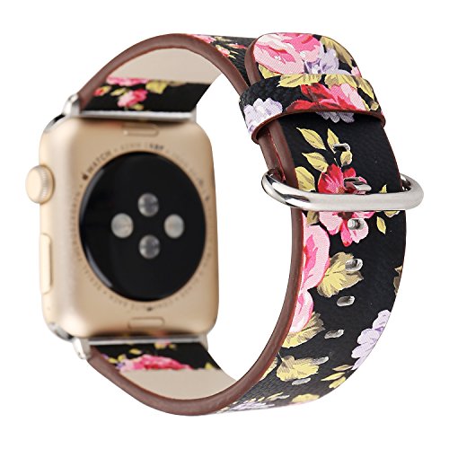 Product Cover YOSWAN Flower Design Strap for iWatch,38mm 42mm Floral Pattern Printed Leather Wrist Band Apple Watch Link Bracelet for Apple Watch Smartwatch Fitness Tracker Series 3 2 1 Version (Black+ Pink, 38mm)