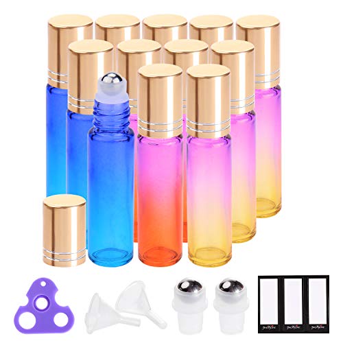 Product Cover Essential Oil Roller Bottles 10ml by PrettyCare (12 Pack Rainbow Glass, Golden Cap, 24 Labels, 2 Extra Roller Balls, Opener, 2 Funnels) Roller Balls for Essential Oils, Roll on Bottles