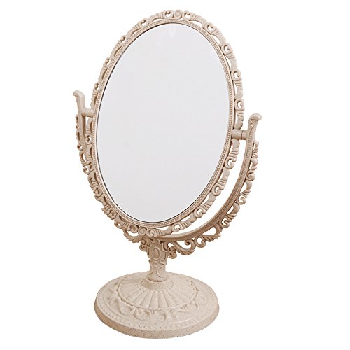 Product Cover XPXKJ 7-Inch Tabletop Vanity Makeup Mirror with 3X Magnification, Two Sided ABS Decorative Framed European for Bathroom Bedroom Dressing Mirror (Oval, Beige)