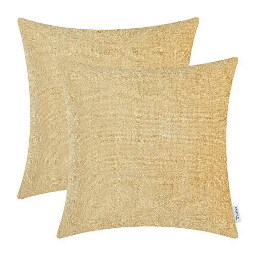 Product Cover CaliTime Pack of 2 Cozy Throw Pillow Covers Cases for Couch Sofa Home Decoration Solid Dyed Soft Chenille 18 X 18 Inches Gold