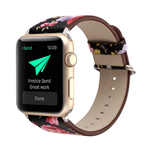 Product Cover YOSWAN Bracelet for Apple Watch, National Black White Floral Printed Leather Watch Band Strap for Apple Watch Flower Design Wrist Watch Bracelet, Black Pink Flower, 38mm