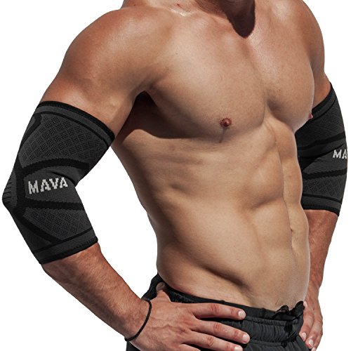 Product Cover Mava Sports Elbow Compression Sleeve Support for Weightlifting, Pain Recovery, Tendonitis, Gym Workouts and Arthritis. Made with Strong Elastic Fabric Material for Men and Women (Black, X-Large)