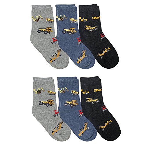 Product Cover Country Kids Boys' Little Digger Bulldozer Excavator Cotton Crew Socks, Pack of 6, blue/gray, 4-7 years (shoe size 9-1.5)