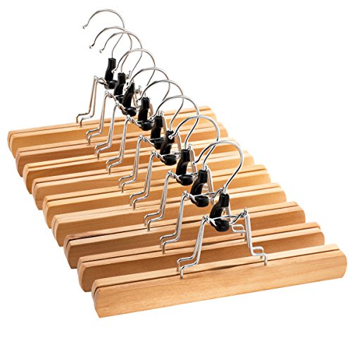 Product Cover High-Grade Wooden Pants Hangers with Clips 10 Pack Non Slip Skirt Hangers, Smooth Finish Solid Wood Jeans/Slack Hanger with 360° Swivel Hook - Pants Clip Hangers for Skirts, Slacks - Clamp Hangers