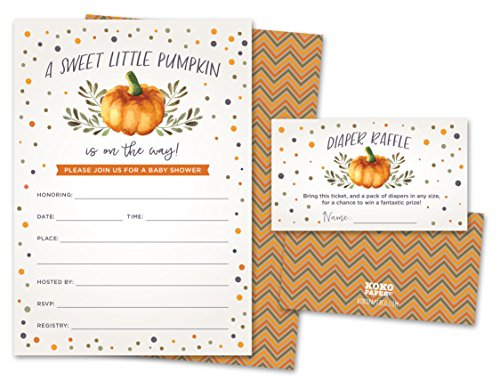 Product Cover Sweet Little Pumpkin on The Way Rustic Fall Baby Shower Invitations and Diaper Raffle Tickets in Autumn Colors, Fall Leaves, Chevron Stripes. Set of 25 Fill in Style Cards, Envelopes, Raffle Tickets
