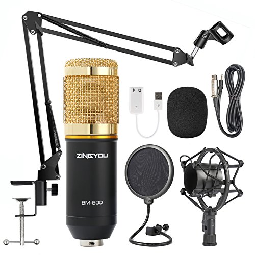 Product Cover ZINGYOU Condenser Microphone Bundle, BM-800 Mic Kit with Adjustable Mic Suspension Scissor Arm, Metal Shock Mount and Double-layer Pop Filter for Studio Recording & Broadcasting (Gold)