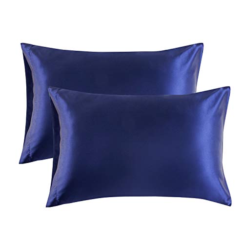 Product Cover Bedsure Satin King Size Pillow Cases Set of 2, Navy, 20x40 inches - Pillowcase for Hair and Skin - Satin Pillow Covers with Envelope Closure