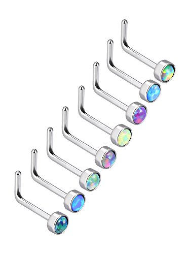 Product Cover Mudder 8 Pieces 20G L Shaped Nose Rings L-bend Nose Studs Opal Stone Inlaid Stainless Steel Curved Piercing Jewelry, 8 Colors