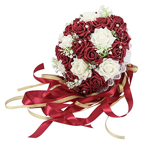 Product Cover Febou Wedding Bridal Bouquet, Wedding Bride Bouquet, Wedding Holding Bouquet with Artificial Roses Lace Pearl Long Ribbon, Perfect for Wedding, Church(Long Ribbon, White+Dark Red)