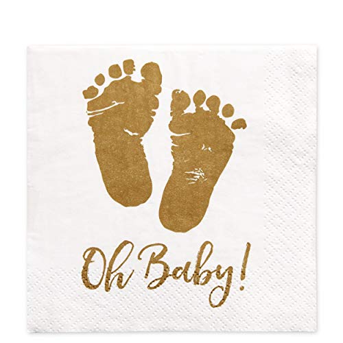Product Cover 100 Baby Shower Napkins Oh Baby Beverage Napkins 3-Ply Gold Feet White Paper Cocktail Napkins for Boy and Girl Baby Shower by Gift Boutique
