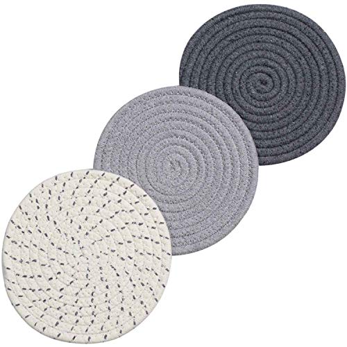 Product Cover Lifaith 100% Cotton Thread Weave Pot Holders, Hot Pads, Pot Holders, Spoon Rest, Jar Opener & Coasters, for Cooking and Baking, Diameter 7 Inches, Round, Set of 3, Grey Set