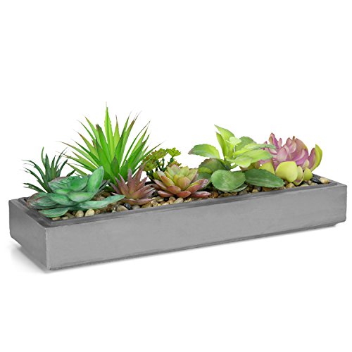 Product Cover Mixed Color Artificial Succulent Plant Arrangement in Modern 16-Inch Gray Clay Planter Tray