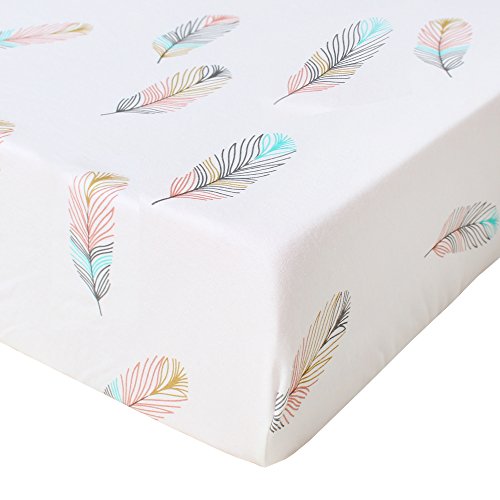 Product Cover LifeTree Soft Fitted Crib Sheet - Feather Print Premium Cotton Unisex Toddler Bed Sheets for Baby Girls or Baby Boys - Fits Standard Crib Mattress