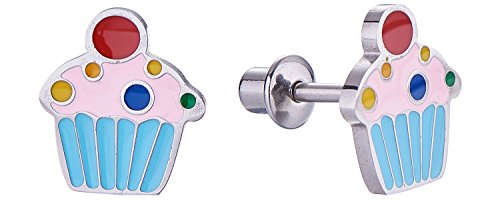 Product Cover Screw Back Sprinkle Cupcake Stud Earrings for Kids, Toddler, Little Girls with Surgical Steel Post for Ultra Sensitive Ears with Secure Safety Screwback