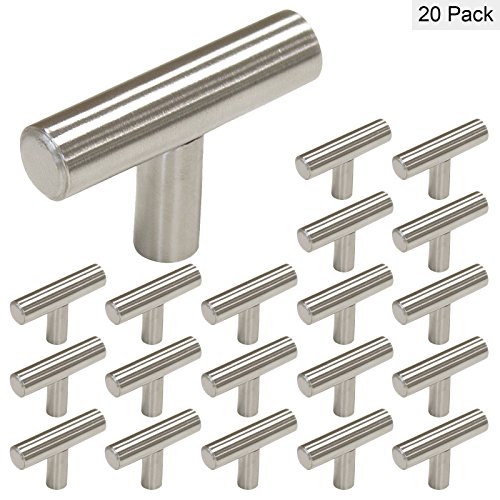 Product Cover homdiy Brushed Nickel Cabinet Knobs 20 Pack - HD201SN Single Hole T Bar Cabinet Pulls with 2in Overall Length Kitchen Cabinet Hardware Knobs for Dresser Drawers Metal Drawer Knobs for,Bathroom, Closet