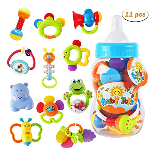 Product Cover WISHTIME Rattle Teether Baby Toys - Baby 11pcs Shake and GRAP Baby Hand Development Rattle Toys for Newborn Infant with Giant Bottle Gift for 3 6 9 12 18Month