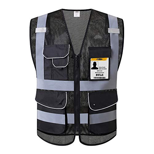 Product Cover JKSafety 9 Pockets High Visibility Safety Vest With Reflective Strips Zipper Front, HQ Breathable Mesh, Oxford Fabric for pocket materials. Black Meets ANSI/ISEA Standards (Medium, Black) ...