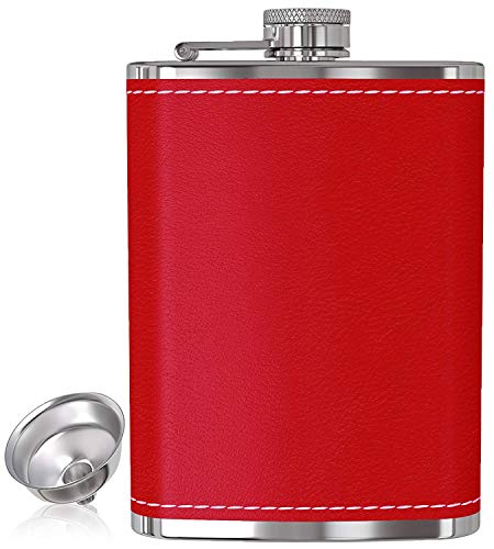 Product Cover Flask for Liquor and Funnel - 8 Oz Leak Proof 18/8 Stainless Steel Pocket Hip Flask with Red Leather Cover for Discrete Shot Drinking of Alcohol, Whiskey, Rum and Vodka | Gift for Women