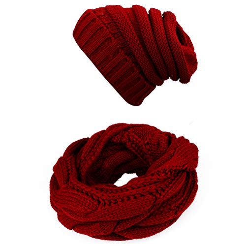 Product Cover Knit Infinity Scarf Beanie Hat Set Women Winter Circle Loop Scarfs Scarves (Burgundy)