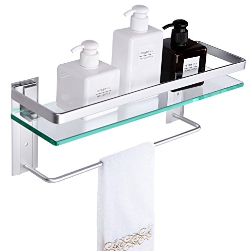 Product Cover Vdomus Tempered Glass Bathroom Shelf with Towel Bar Wall Mounted Shower storage15.2 by 4.5 inches, Brushed Silver Finish (1 Tier Glass Shelf)