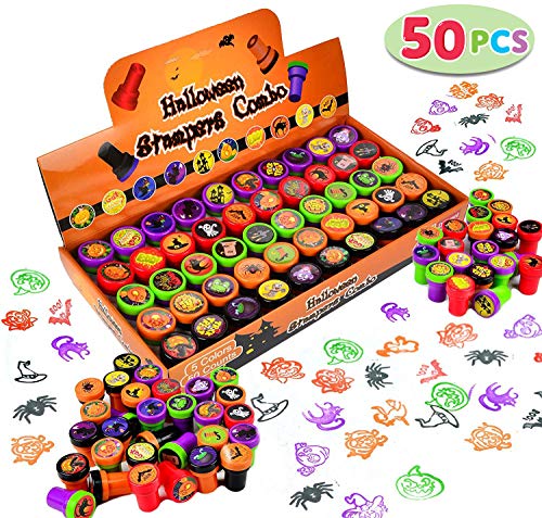 Product Cover 50 Pieces Halloween Assorted Stamps Kids Self-Ink Stamps (25 DIFFERENT Designs, Plastic Stamps, Trick Or Treat Stamps, Spooky Stamps) for Halloween Party Favors, Game Prizes, Halloween Goodies Bags