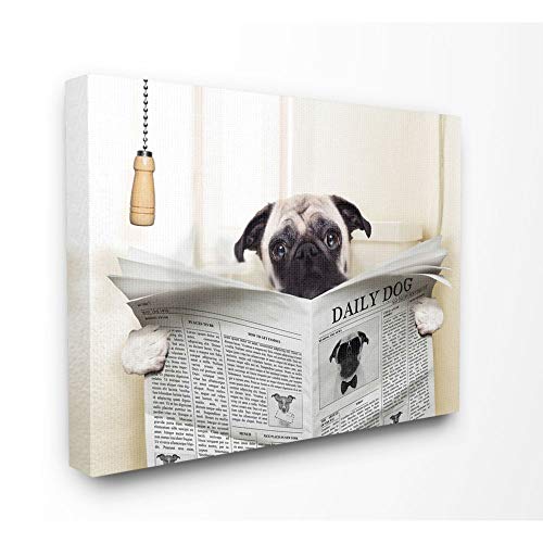 Product Cover Stupell Industries Pug Reading Newspaper in Bathroom Stretched Canvas Wall Art, 16 x 1.5 x 20, Proudly Made in USA
