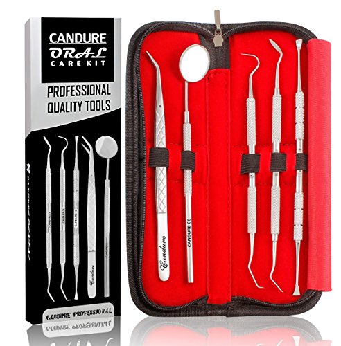 Product Cover Candure Dental Tools Kit 5 Pcs Oral Care Dental Pick Hygiene Set with Tooth Tarter Scraper Plaque Remover Dentist Mirror and Scaler Stainless Steel