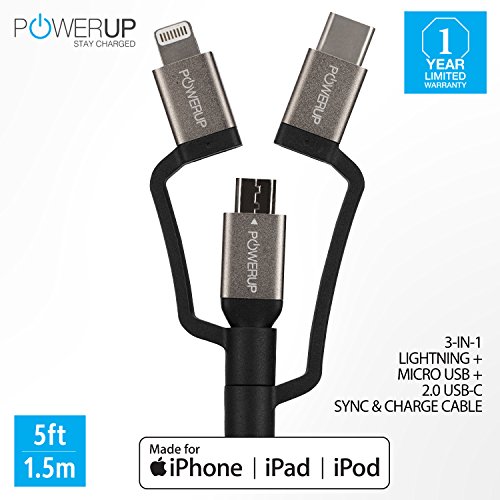 Product Cover Powerup Stay Charged USB To Lightning/Type C/Micro Apple MFi Certified 3in1 Sync And Charge Multiple Cable - 1.5meter, Black