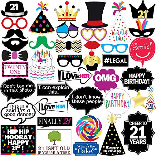 Product Cover 21st Birthday Photo Booth Party Props - 40 Pieces - Funny 21st Birthday Party Supplies, Decorations and Favors